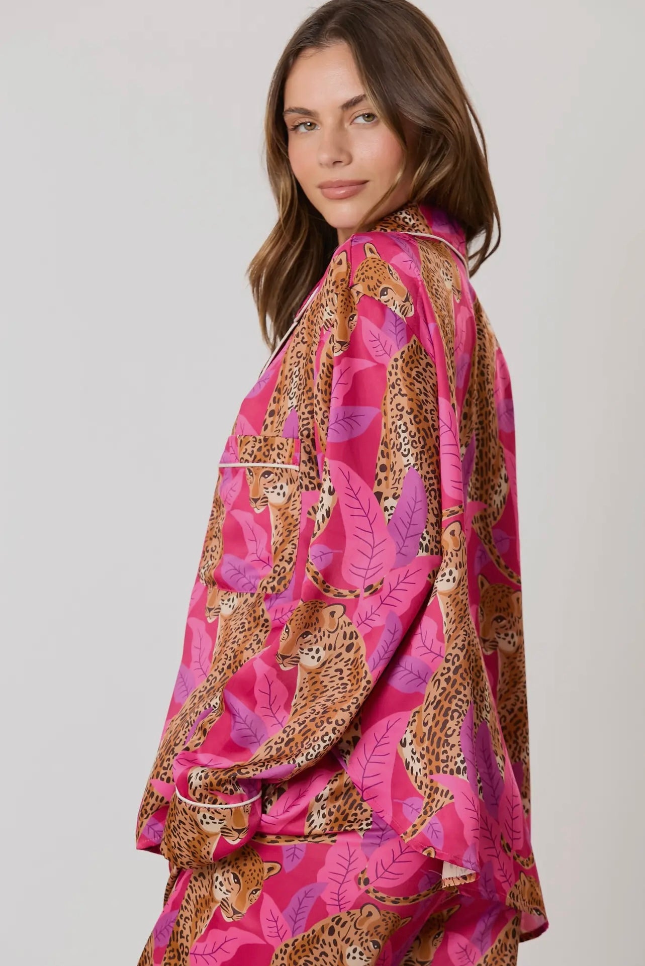 Silky Satin Cheetah Print Long Sleeve Pajama Set