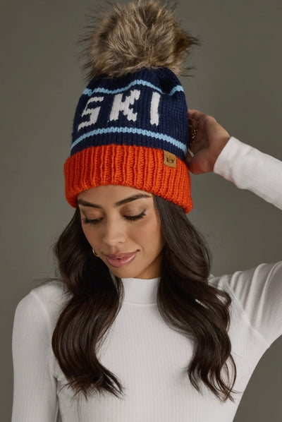 “SKI” Knit Hat with Faux Fur Pom
