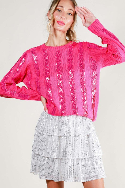 Sequin Detail Cable-Knit Sweater