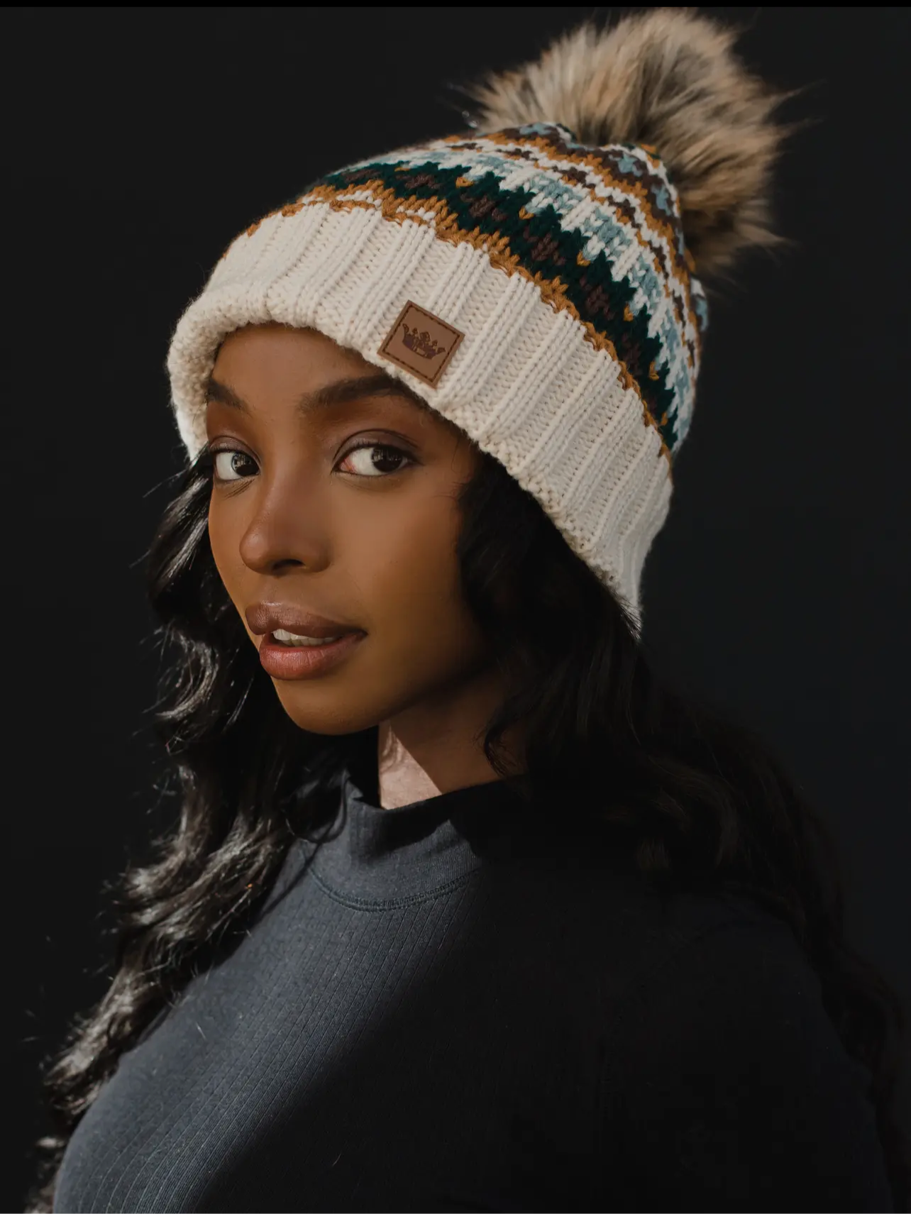 Patterned Knit Hat with Faux Fur pom