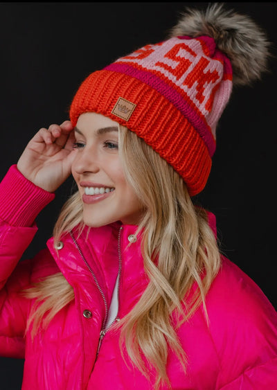 Après Ski Knit Hat with Faux Fur Pom