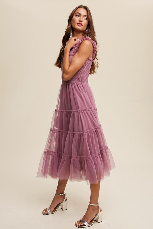 Amelie Tiered Tulle Midi Dress - Aubergine Medium Amelie Tiered Tulle Midi Dress - Aubergine Medium