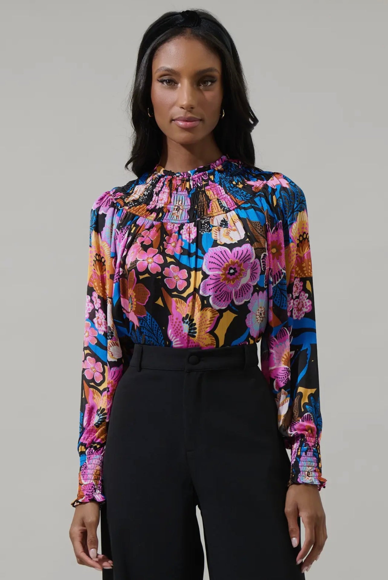 Kadence Floral Bonsoir Smocked Raglan Sleeve Blouse