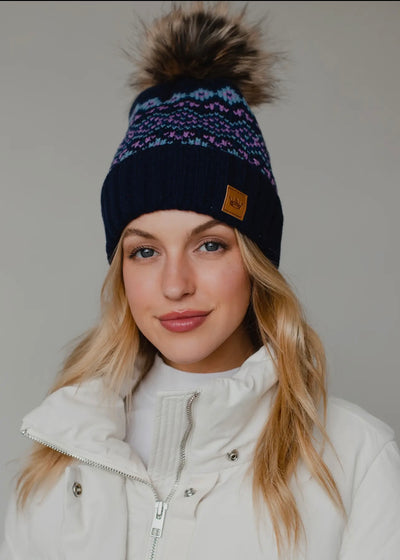 Diamond Pattern Knit Hat with Faux Fur Pom