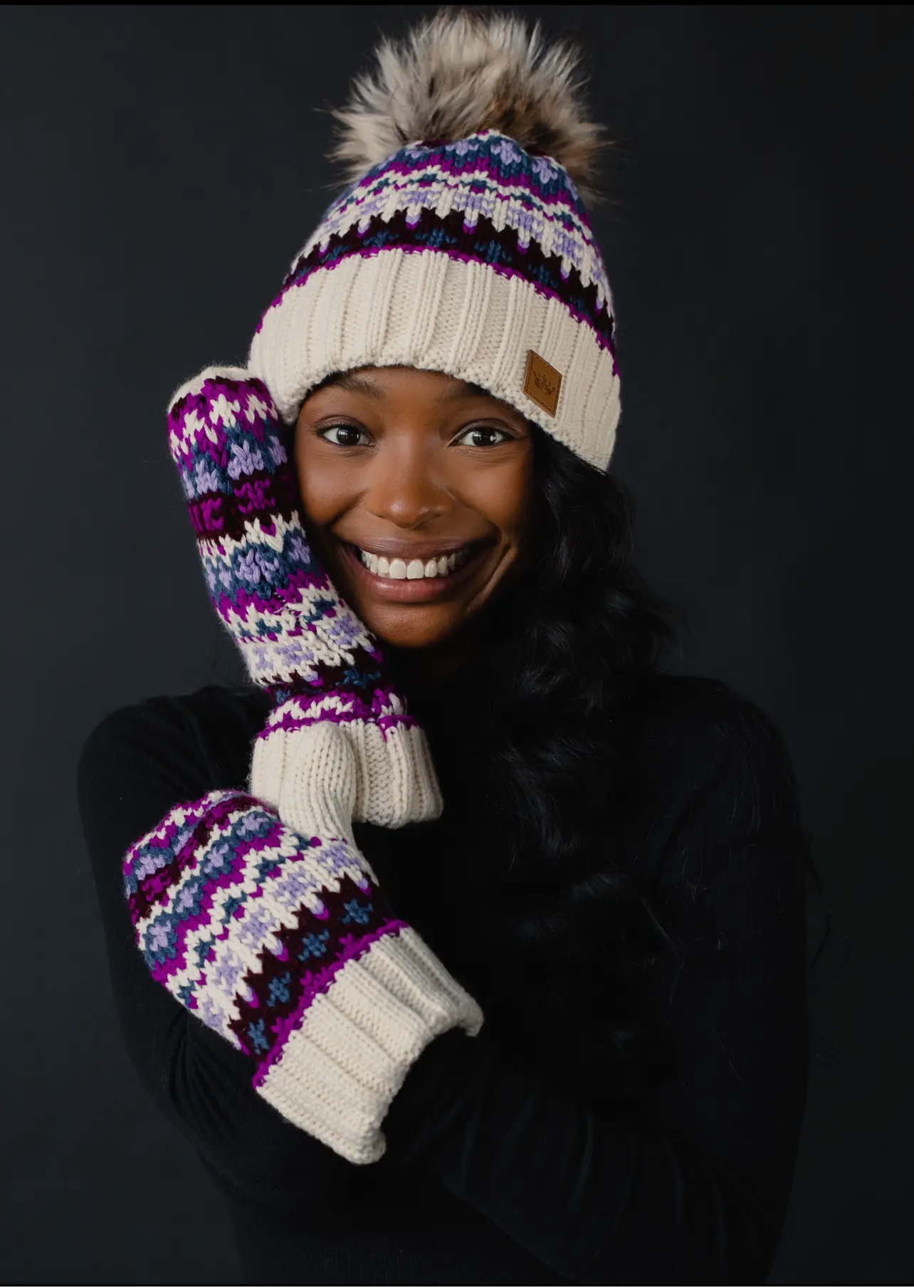 Patterned Knit Hat with Faux Fur pom