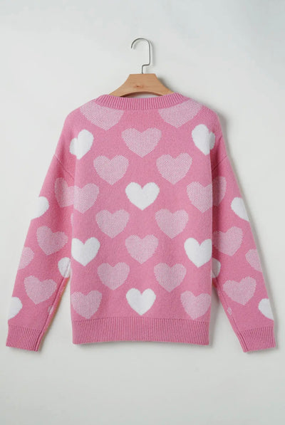 Pearl Detail Heart Pattern Knit Sweater