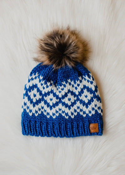 Blue & White Patterned Knit Pom Hat