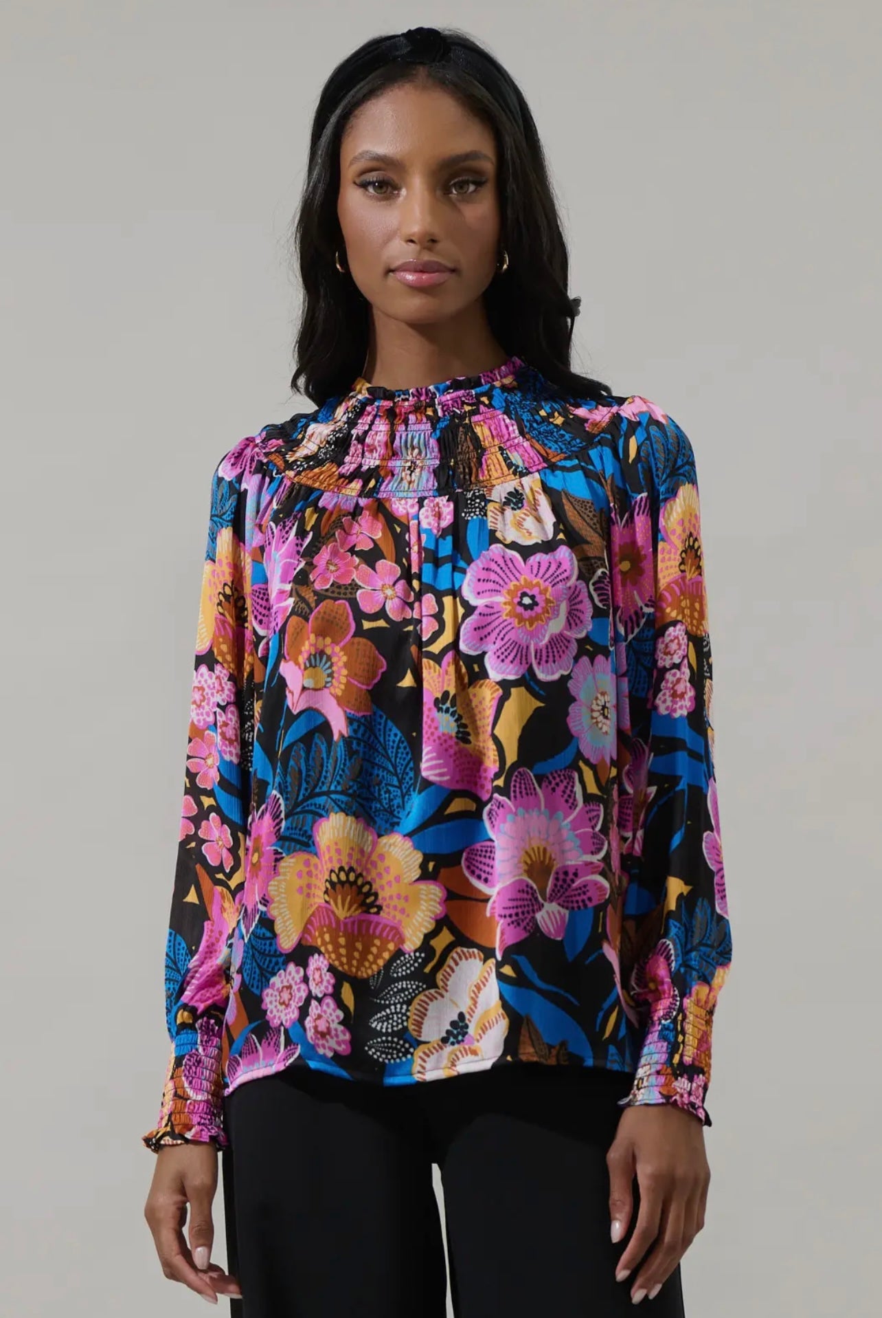 Kadence Floral Bonsoir Smocked Raglan Sleeve Blouse