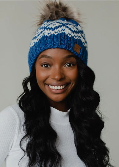 Blue & White Patterned Knit Pom Hat