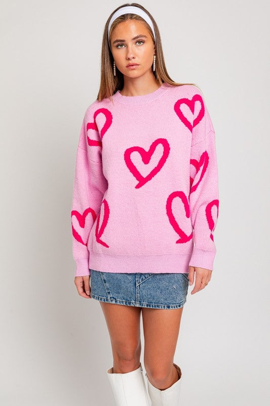 Long Sleeve Round Neck Heart Print Sweater