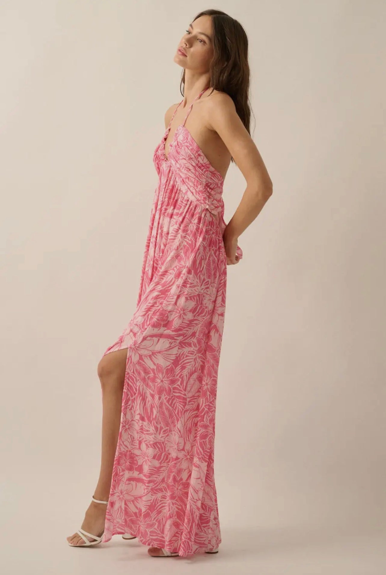 Floral Crepe Plunging-Neck Halter
Maxi Dress