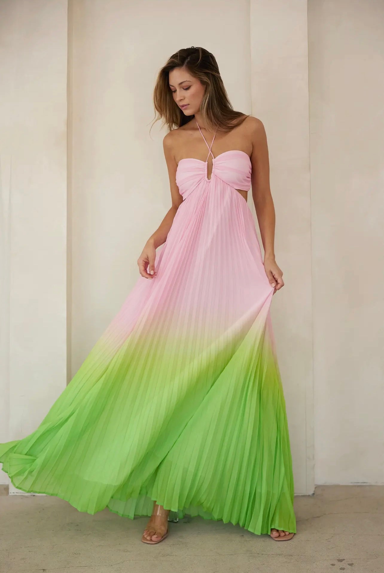 Allegra Ombré Sweetheart Pleated Halter Maxi Dress