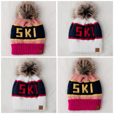 “SKI” Knit Hat with Faux Fur Pom