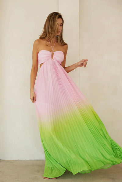 Allegra Ombré Sweetheart Pleated Halter Maxi Dress