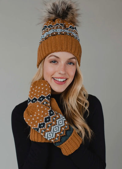 Camel Knit Hat with Faux Fur Pom