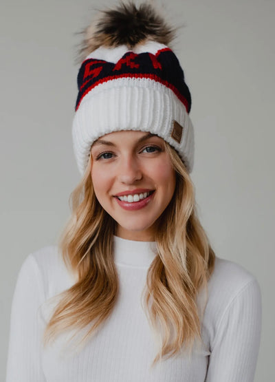 “SKI” Knit Hat with Faux Fur Pom