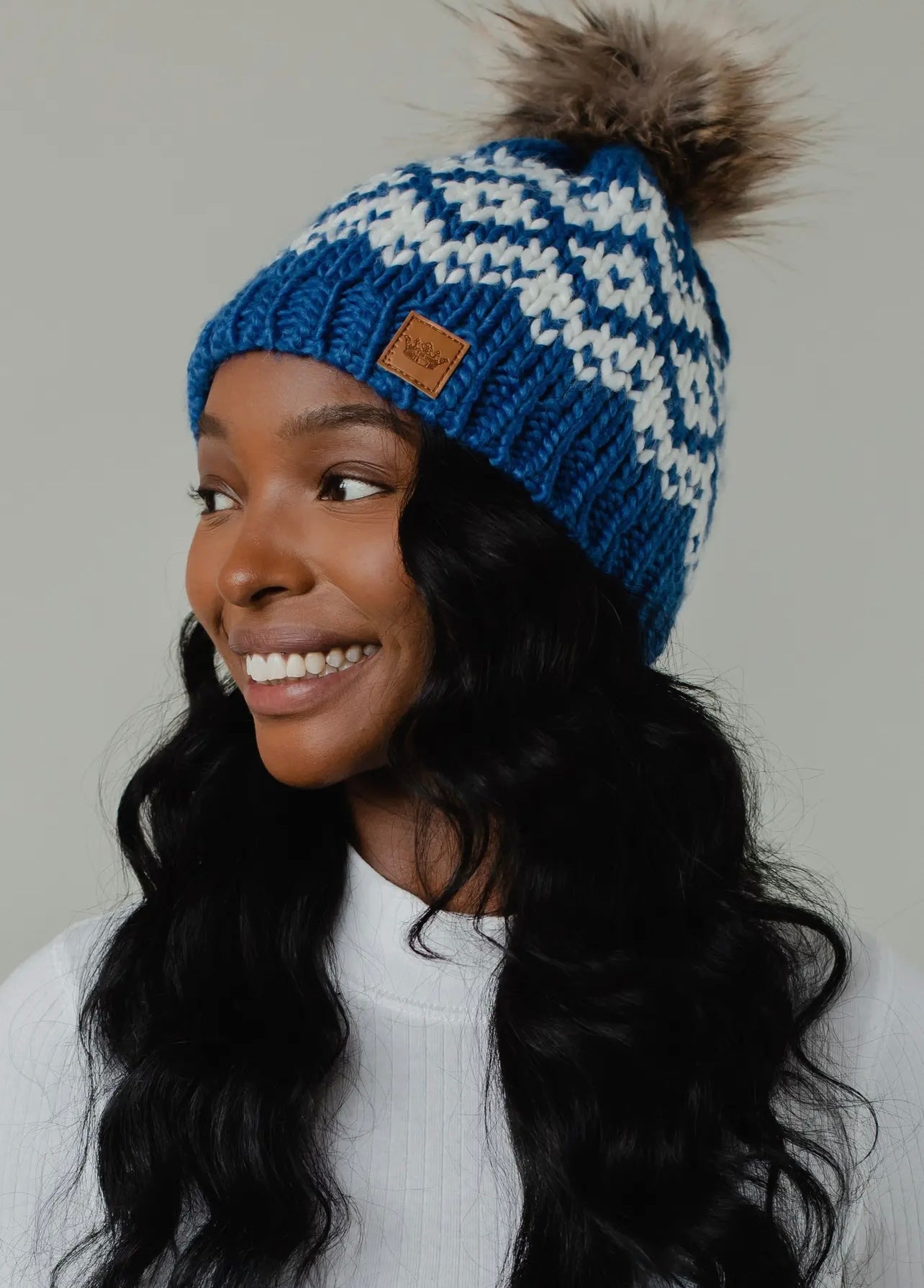 Blue & White Patterned Knit Pom Hat