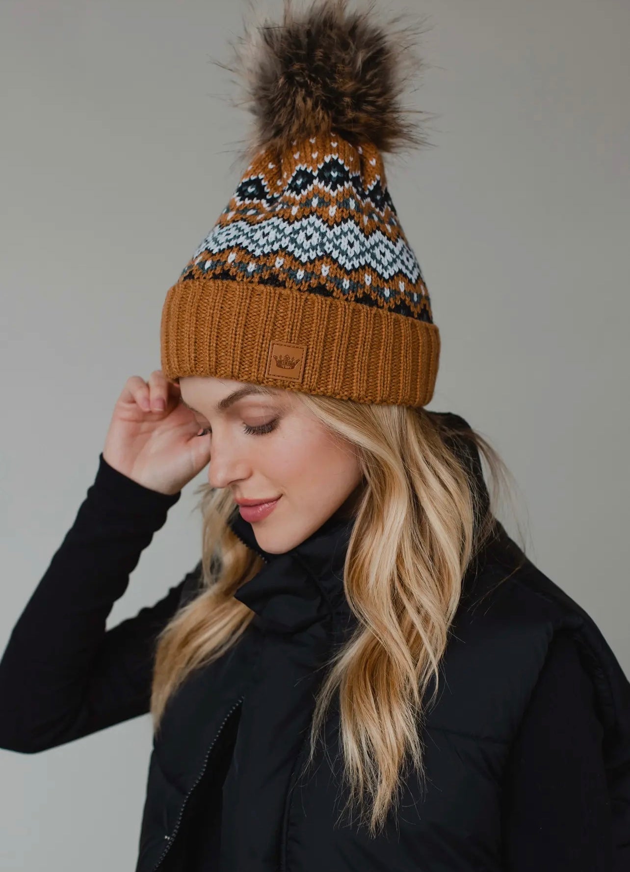 Camel Knit Hat with Faux Fur Pom