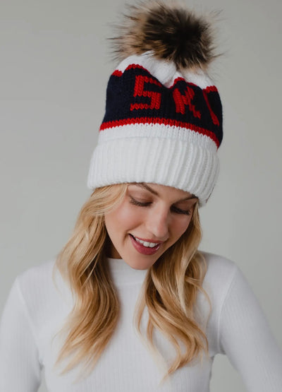 “SKI” Knit Hat with Faux Fur Pom