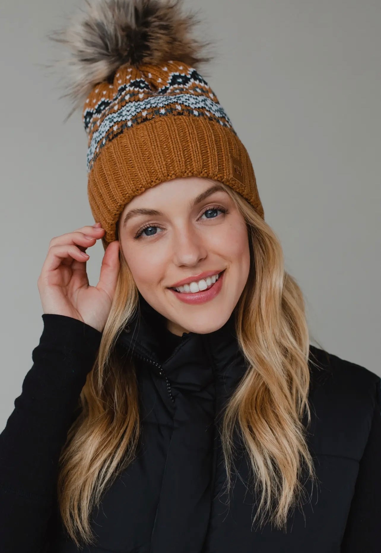 Camel Knit Hat with Faux Fur Pom