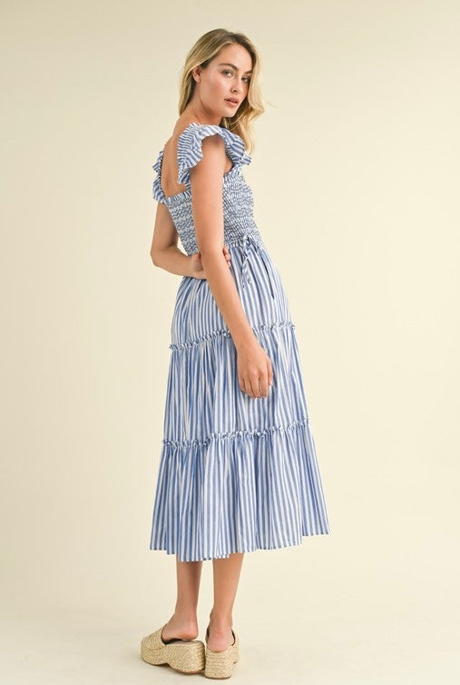 Adeline Striped Smocked Tiered Midi Dress