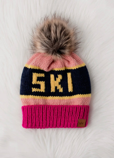 “SKI” Knit Hat with Faux Fur Pom