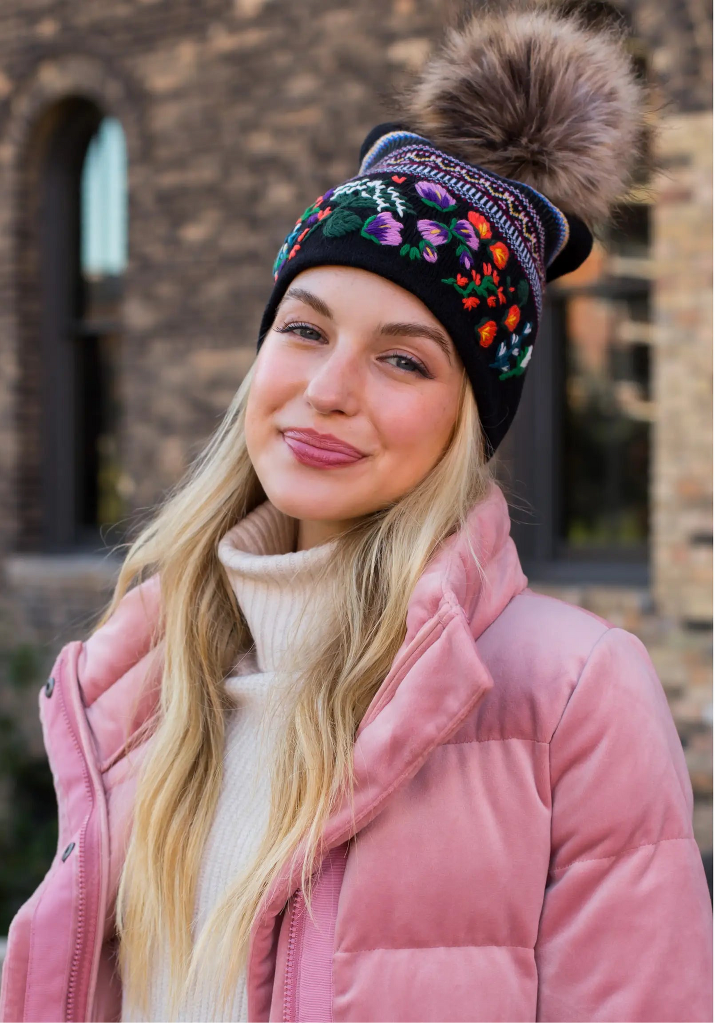 Embroidered Knit Hat with Faux Fur Pom