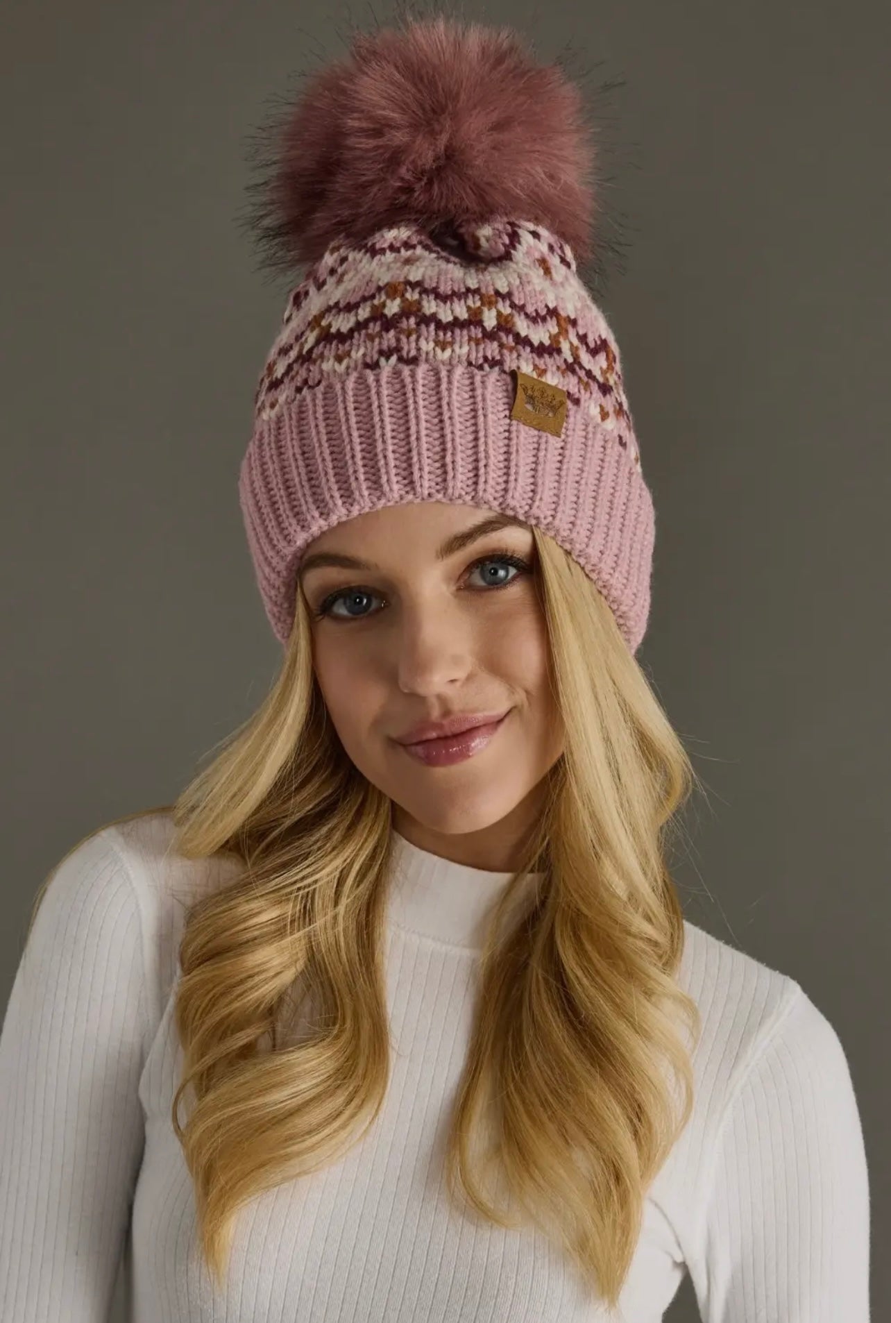 Pink, Ivory & Rust Patterned Pom Hat