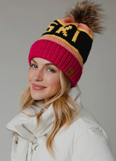 “SKI” Knit Hat with Faux Fur Pom