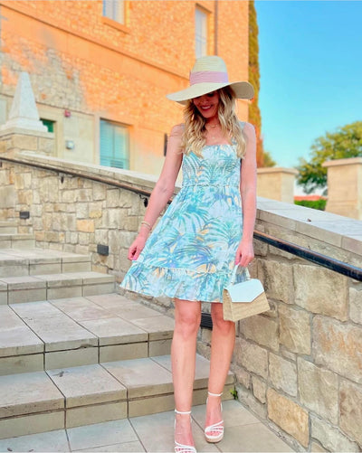 Palm Leaf Smocked Mini Dress