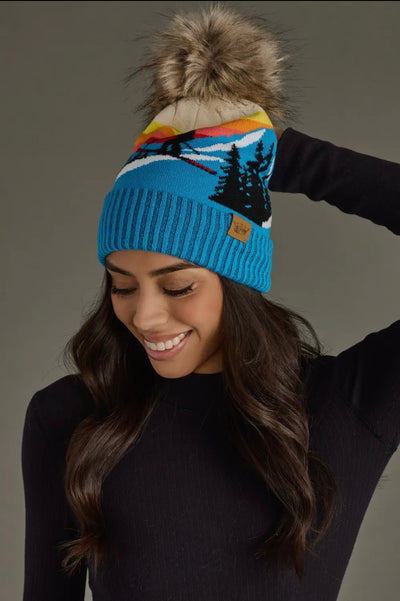 Blue Ski Mountain Landscape Pom Hat