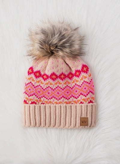 Diamond Pattern Knit Hat with Faux Fur Pom