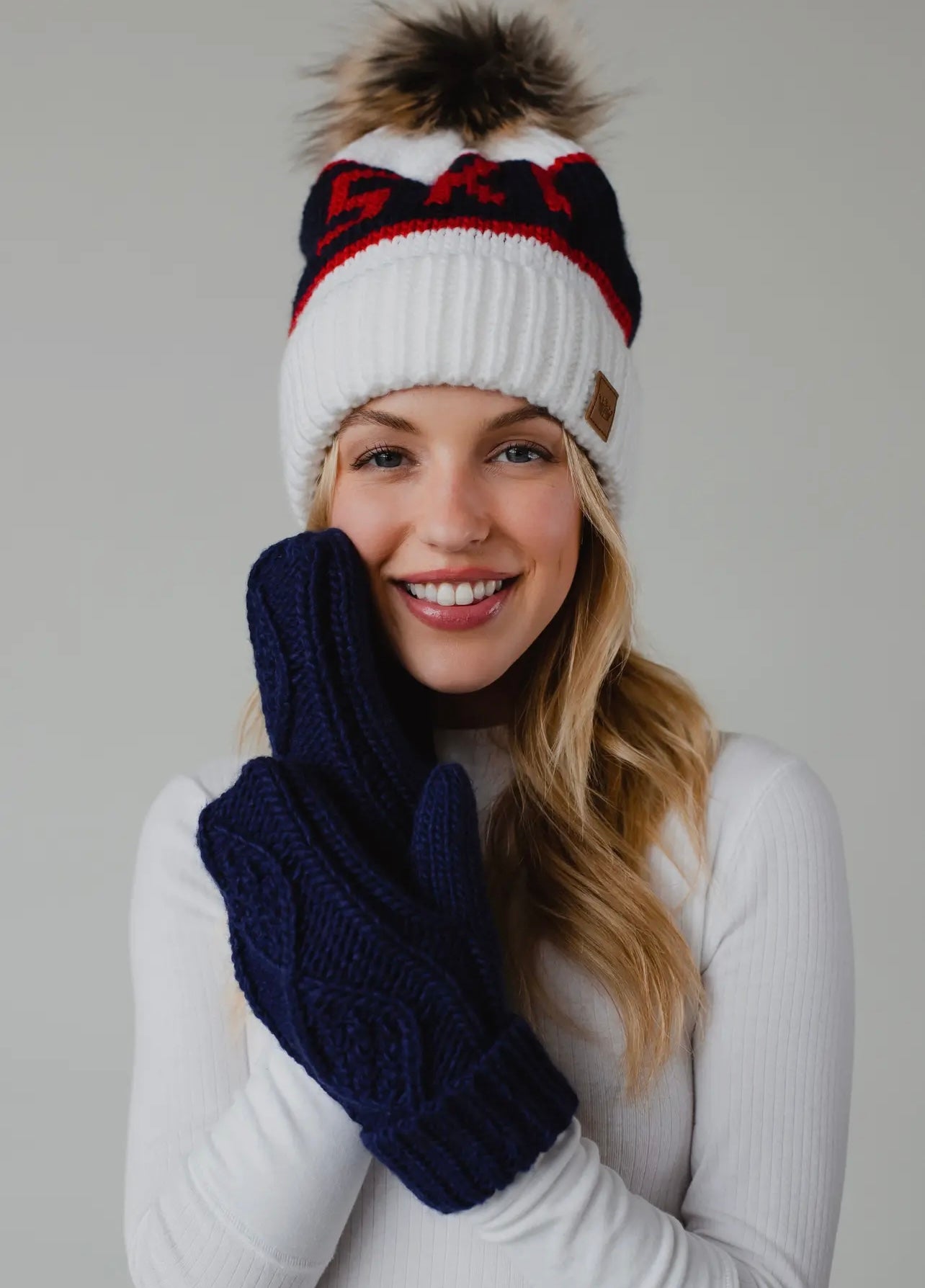 “SKI” Knit Hat with Faux Fur Pom