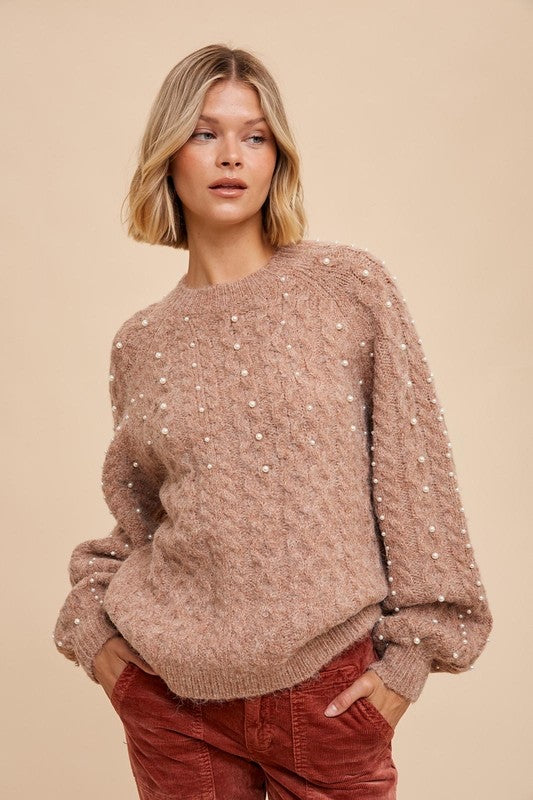 Pearl Detail Fuzzy Cable Knit Sweater