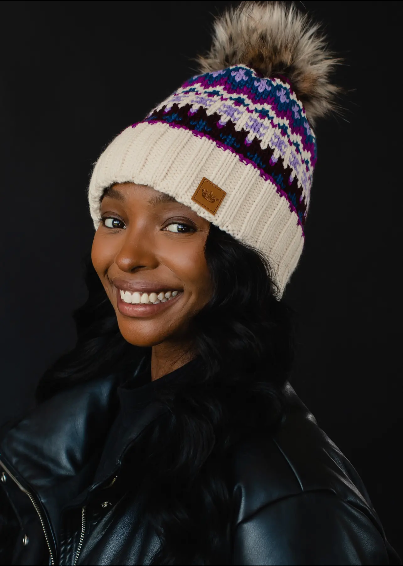 Patterned Knit Hat with Faux Fur pom