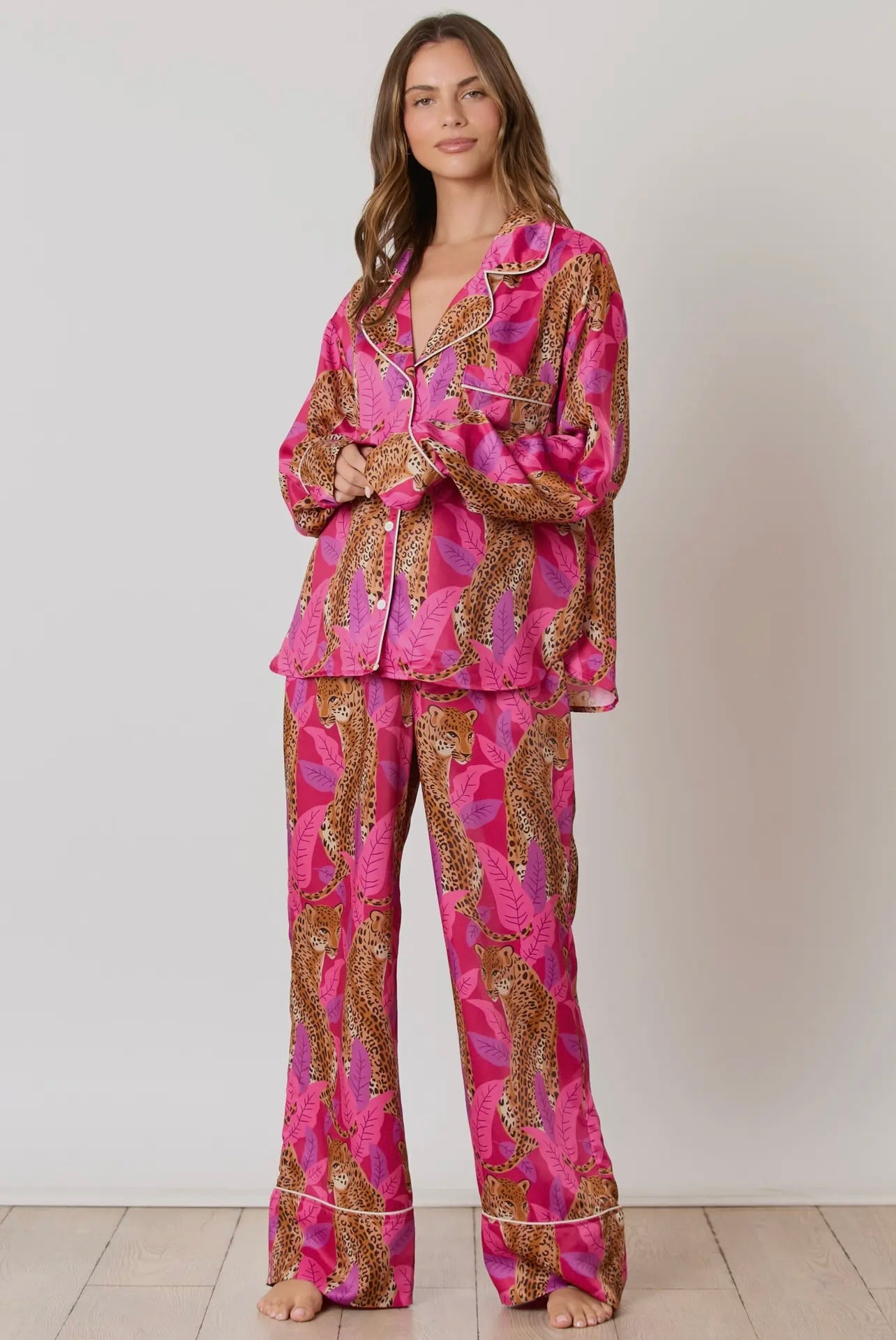 Silky Satin Cheetah Print Long Sleeve Pajama Set