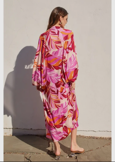 Tropical Print Satin Caftan Dress