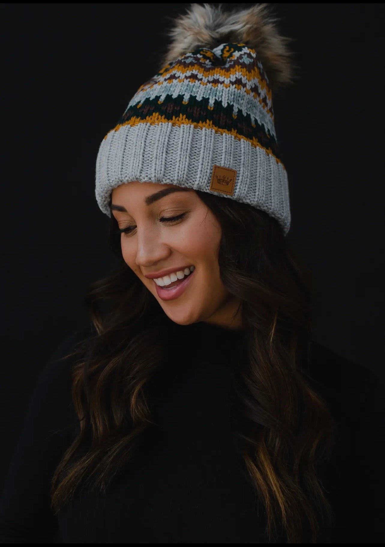 Gray Patterned Knit Hat with Faux Fur pom