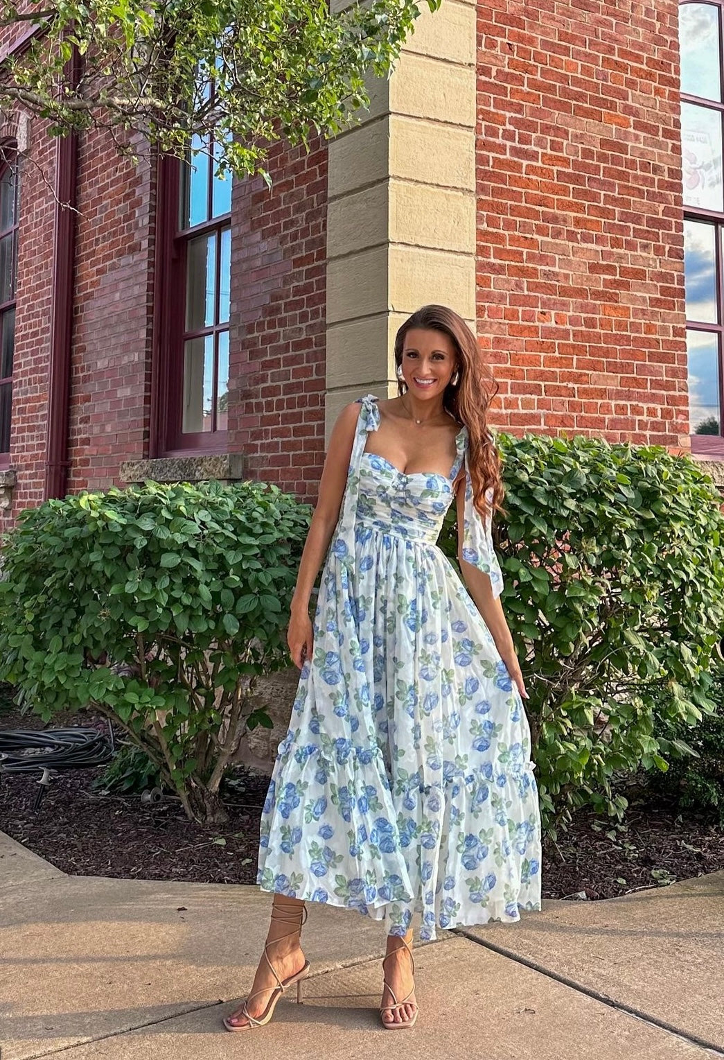 lorma midi dress ruched layered dress in blue floral Marlowe With Shoulder Ties foldover