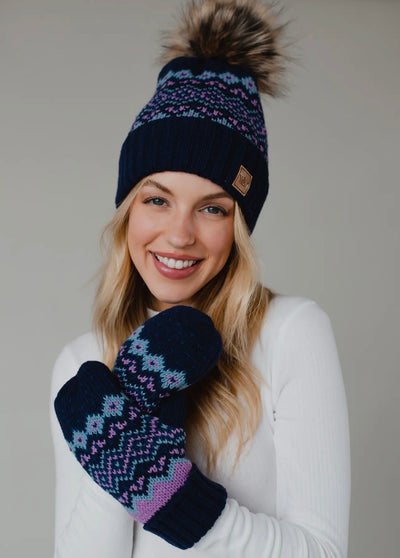 Diamond Pattern Knit Hat with Faux Fur Pom