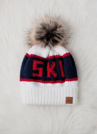 “SKI” Knit Hat with Faux Fur Pom