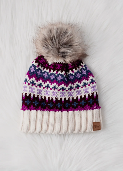 Patterned Knit Hat with Faux Fur pom