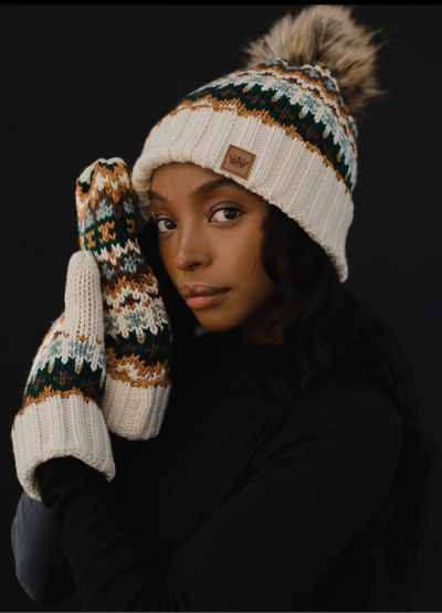 Patterned Knit Hat with Faux Fur pom