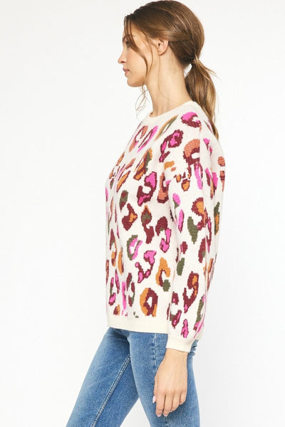 Mila Multi Color Leopard Print Long Sleeve Knit Sweater