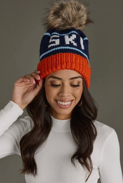 “SKI” Knit Hat with Faux Fur Pom
