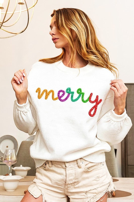 MERRY Tinsel Letter Knit Sweater
