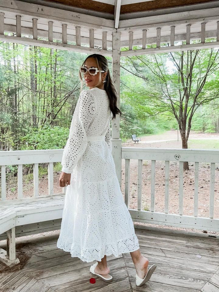Emilia Eyelet V-Neck Tiered Midi Dress - Medium Emilia Eyelet V-Neck Tiered Midi Dress - Medium