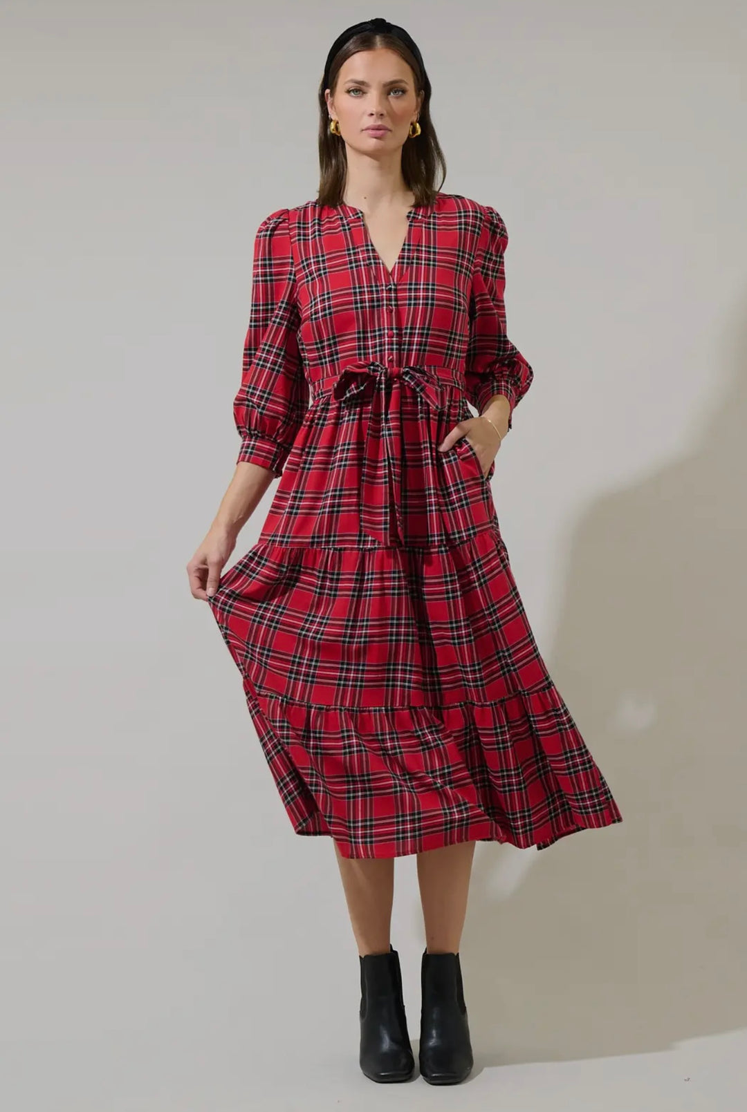 Shop Boswell Tartan Plaid Button Up Midi Dress