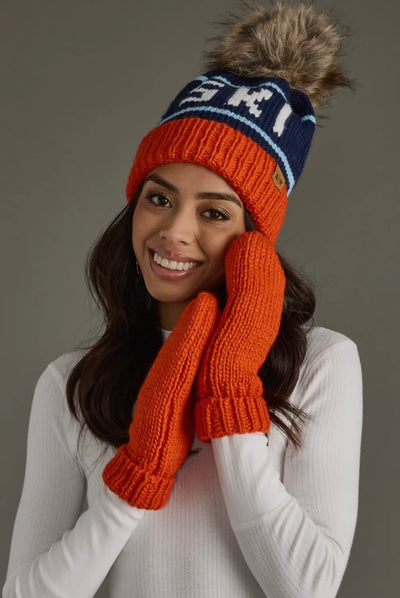 “SKI” Knit Hat with Faux Fur Pom