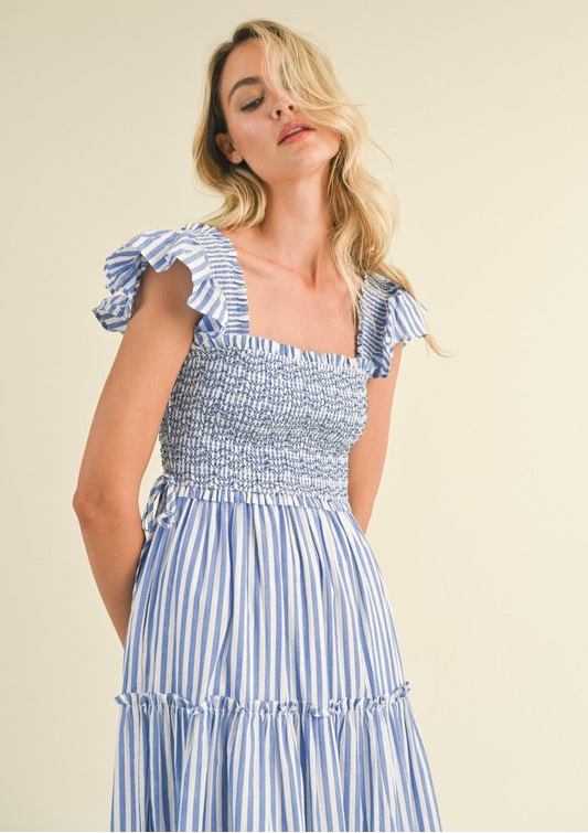 Adeline Striped Smocked Tiered Midi Dress